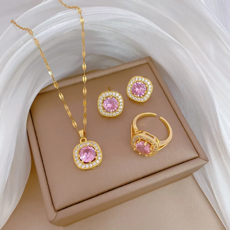 

Square Pink Zircon Diamond - Studded Necklace Earrings Ring Set,Dazzling Atmosphere for Women's Wedding Dating Gifts Daily Wear