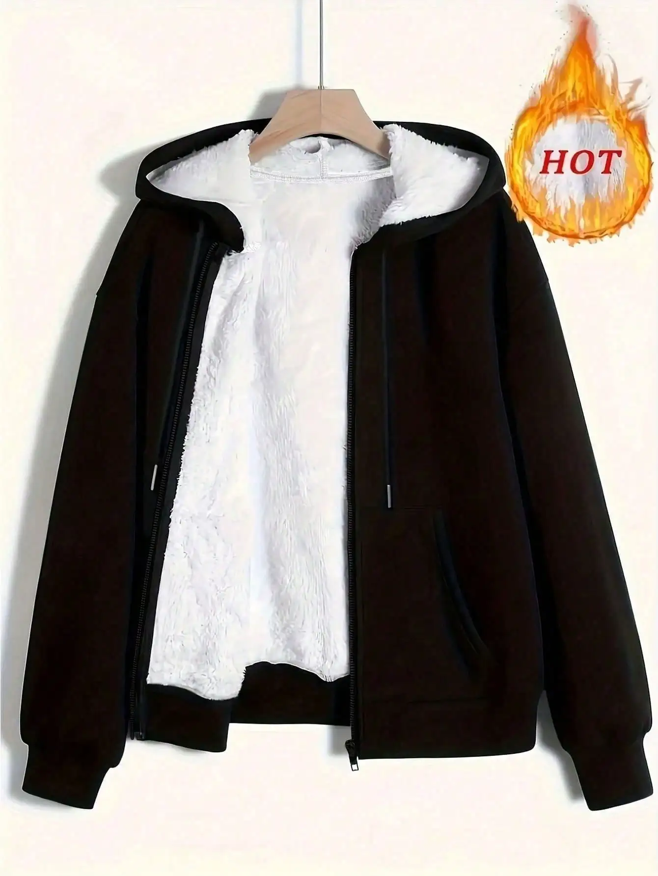 

Women's Warm Fleece Lined Hooded Zip-Up Jacket for Autumn Winter, Solid Black