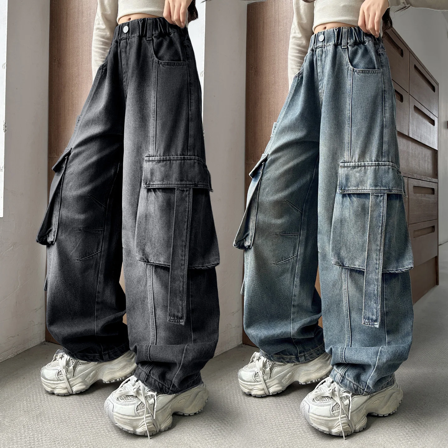 New Autumn Kids Distressed Cargo Jeans with Big Pocket Children Spring Loose Straight Denim Pants Fashion Casual Trousers 5-14 Y