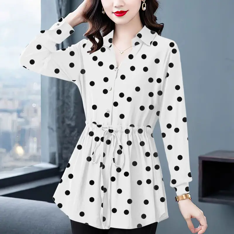 Spring Autumn Polka Dot Drawstring Lacing Shirt Tops Long Sleeve Polo Neck Loose All-match Blouse Vintage Fashion Women Clothing