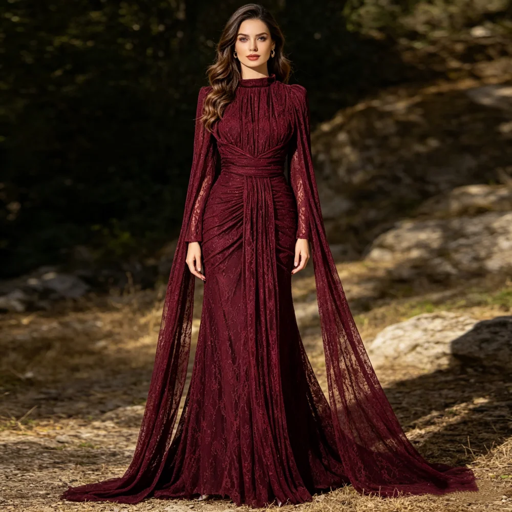 Maßgeschneiderte Abendkleider mit Langen Ärmeln Saudi-Arabisches Formelles Abendkleid Plissiertes Spitzenkleid für Hochzeiten Klassisch