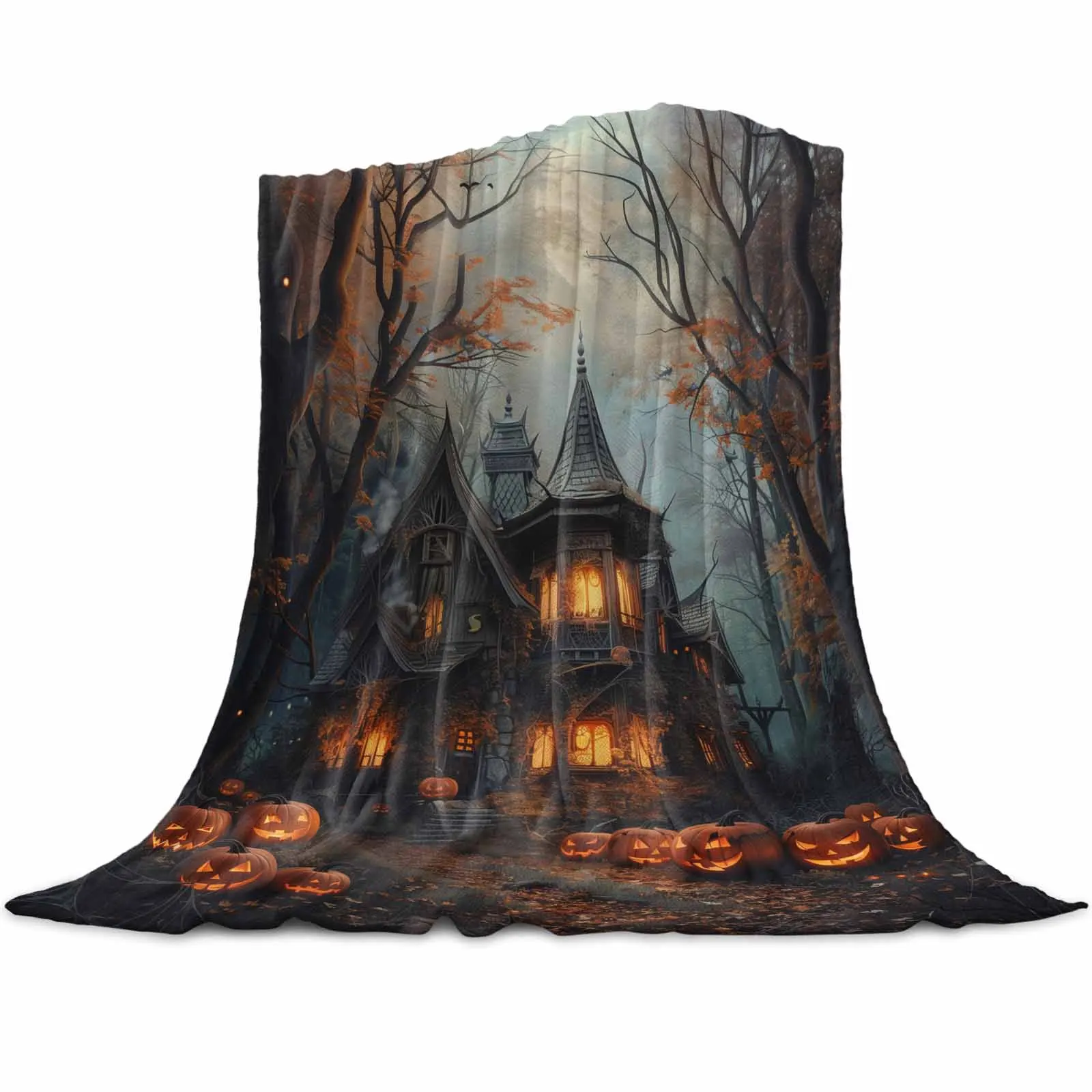 Alloween Castle Pumpkin Retro Grove Throw Blanket for Sofa Warm Microfiber Flannel Blanket Bedroom Decor Blankets for Beds