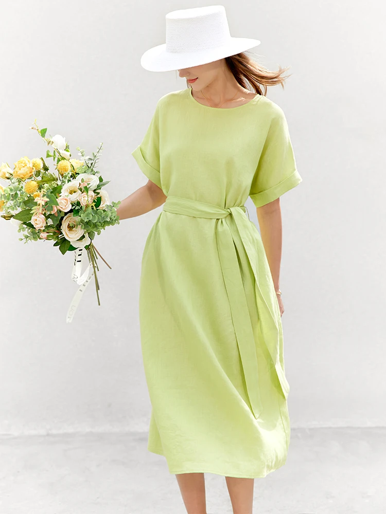 AMII Minimalist Women Dress 2023 Summer New 100% Linen Niche Fashion Artistic Temperament O-Neck Dresses Vestidos 12342278