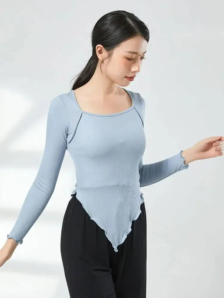 Damska dopasowana koszulka do tańca z kwadratowym dekoltem, jednolita, klasyczny strój ludowy, top na próbki sceniczne, chińskie występy, ćwiczenia.