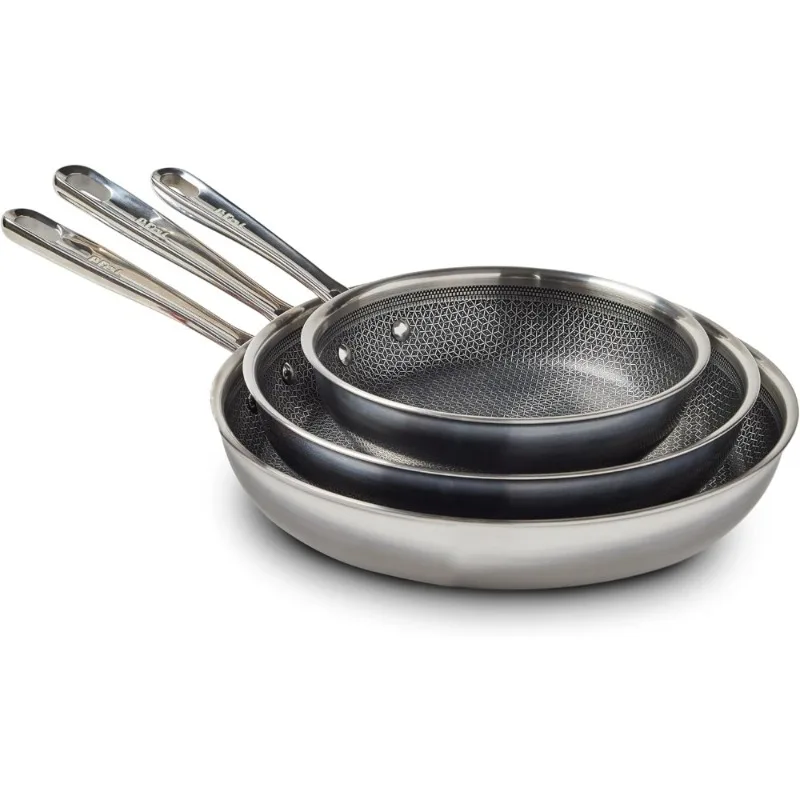 

3 Piece Stainless Steel Fry Pan Set Induction Safe Metal Utensil Dishwasher Safe 8 10.25 12 Inch