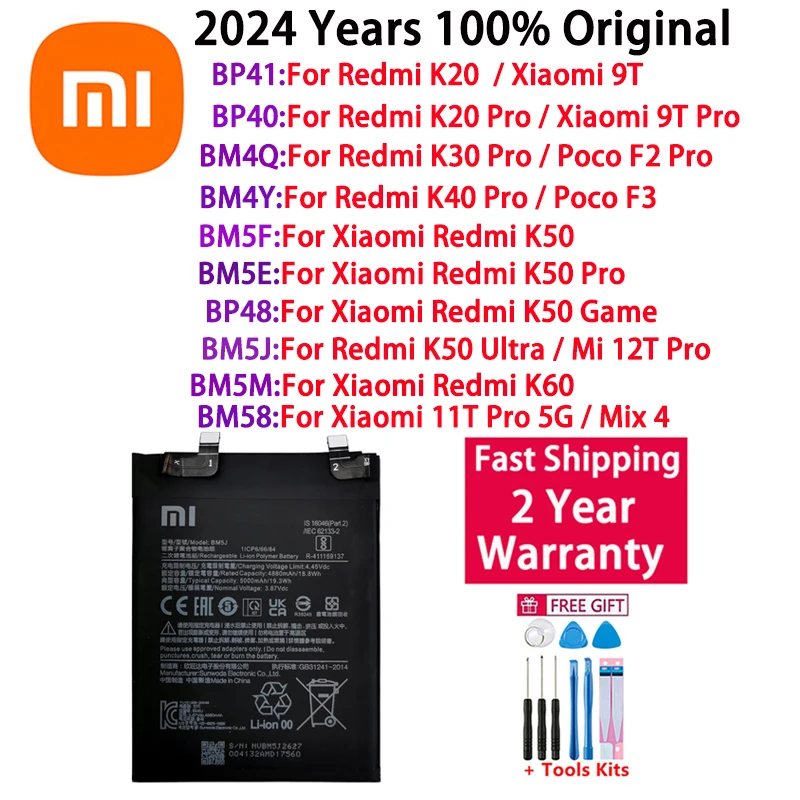 

Оригинальный аккумулятор 2024 года для Xiaomi Redmi Mi K20 K30 K40 K50 K60 Poco F2 F3 9T 11T Pro 5G Mix 4 12T Pro Game UItra Batteries