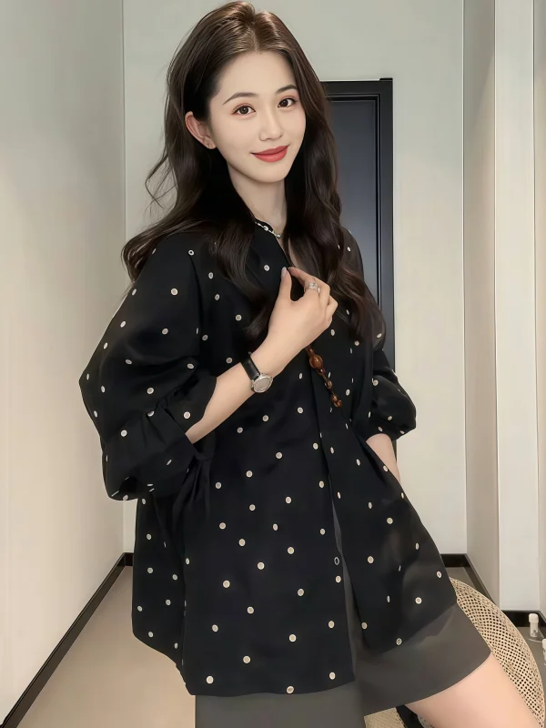 

Loose Fit Polka Dot Long Sve Women's irt Japanese Sle Faionable Lantern Sve Top Breathable Comfortable Casual Wear