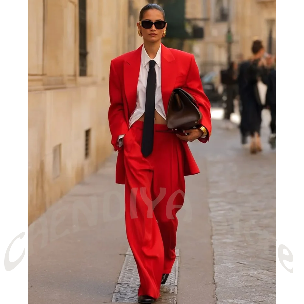 Women Red Oversized Two Piece Suit Peaked Lapel Blazer Wide Leg Pants Elegant Matching Business Pant Outfit Casual Streetwear