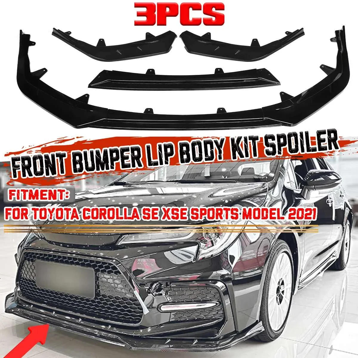 

3x Black/Carbon Fiber Look Car Front Bumper Lip Body Kit Spoiler Protector Cover For Toyota For Corolla SE XSE Sports Model 2021