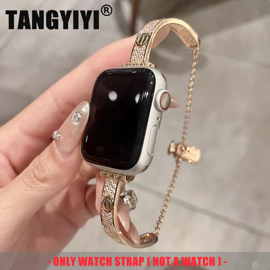 

Роскошный медный ремешок с бриллиантами для Apple Watch Band S10 9 8 7 6 SE 5 4 3 38/40/41/42/44/45/46 мм IWatch Ultra 2 49 мм металлический браслет