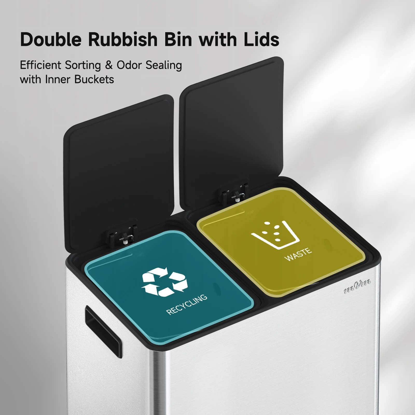 mVm Trash Can Stainless 60L/40L/45L Kitchen Step Trash Bin for Recycling Waste Sorting Soft Close Lid Double Lid