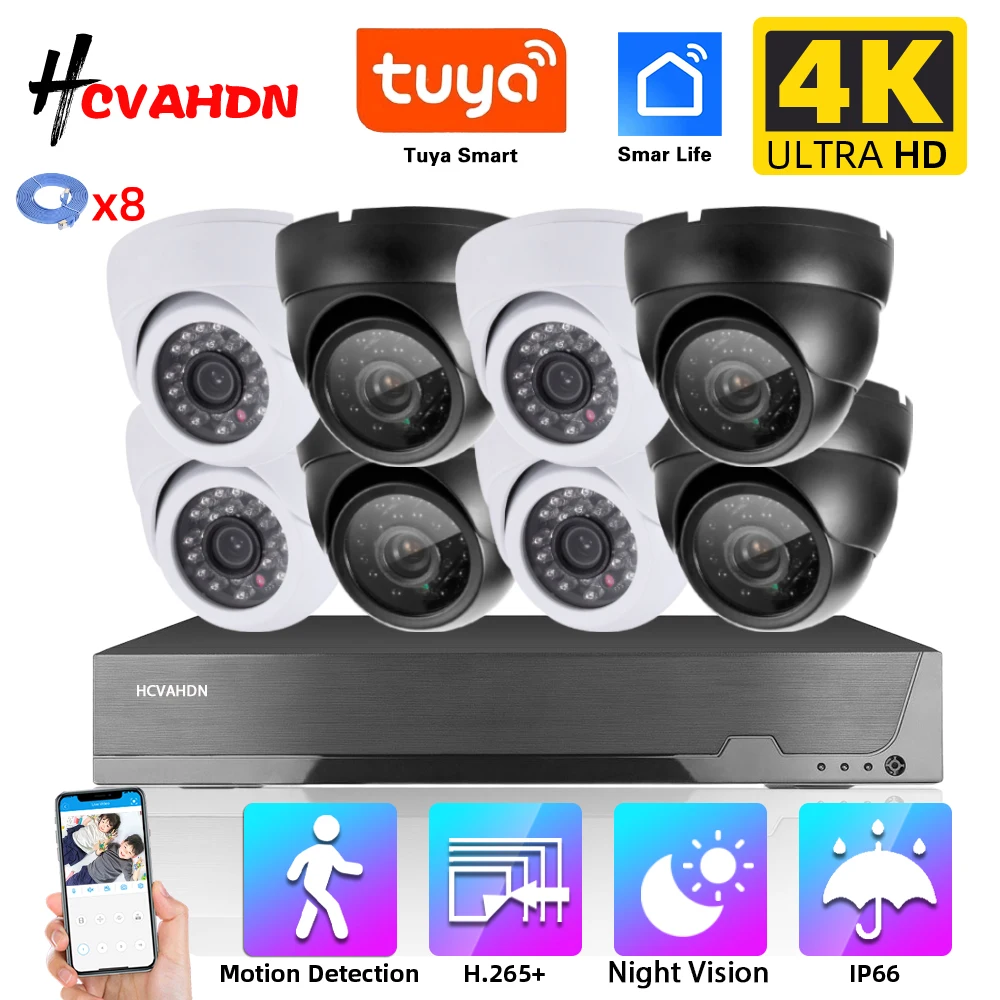 

4K POE Dome Camera Kit Smart Life HD 8MP Indoor Outdoor 8CH POE NVR System Tuya Human Detection POE IP Camera Security Set 4CH