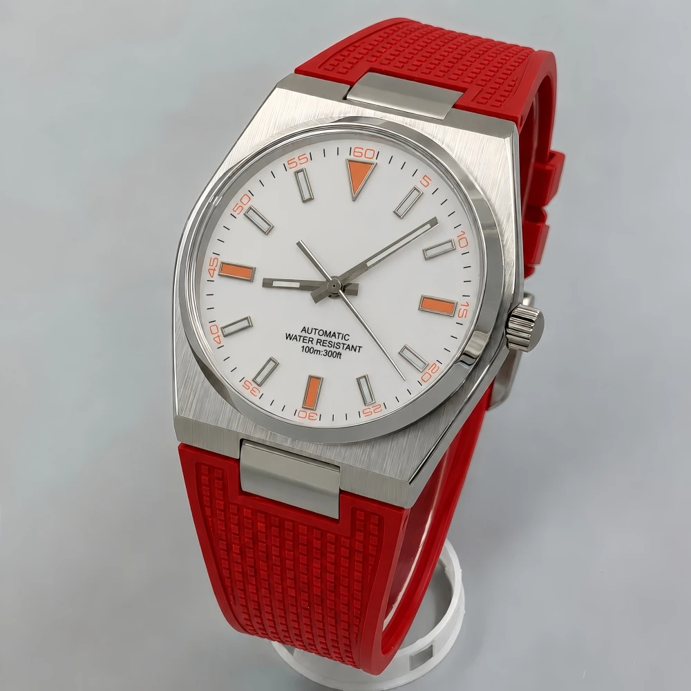 LARIMOKER 39mm NH35 PT5000 Automatic Watch White Dial Orange Markers Brushed Steel Case Red Silicone Strap 100M Waterproof