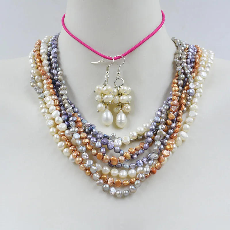 

8-strand 3-6MM natural cultured freshwater Baroque pearl necklace earring set. The most classic women's party jewelry 50CM