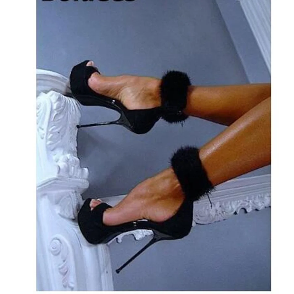 

New Designer Black Suede Faux Fur Ankle Wrap Stiletto Heels Dress Shoes Women Sandals Zip Platform Summer Shoes