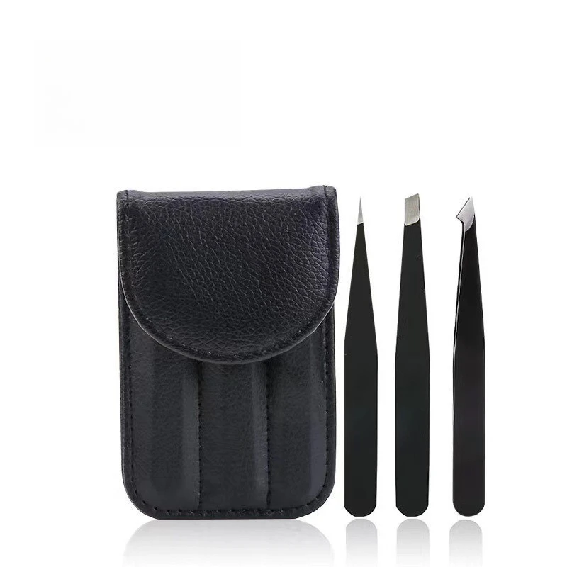 黒ステンレス鋼まつげピンセット斜め尖った前口メイクアップツールキットまつげエクステンション二重まぶたの適用