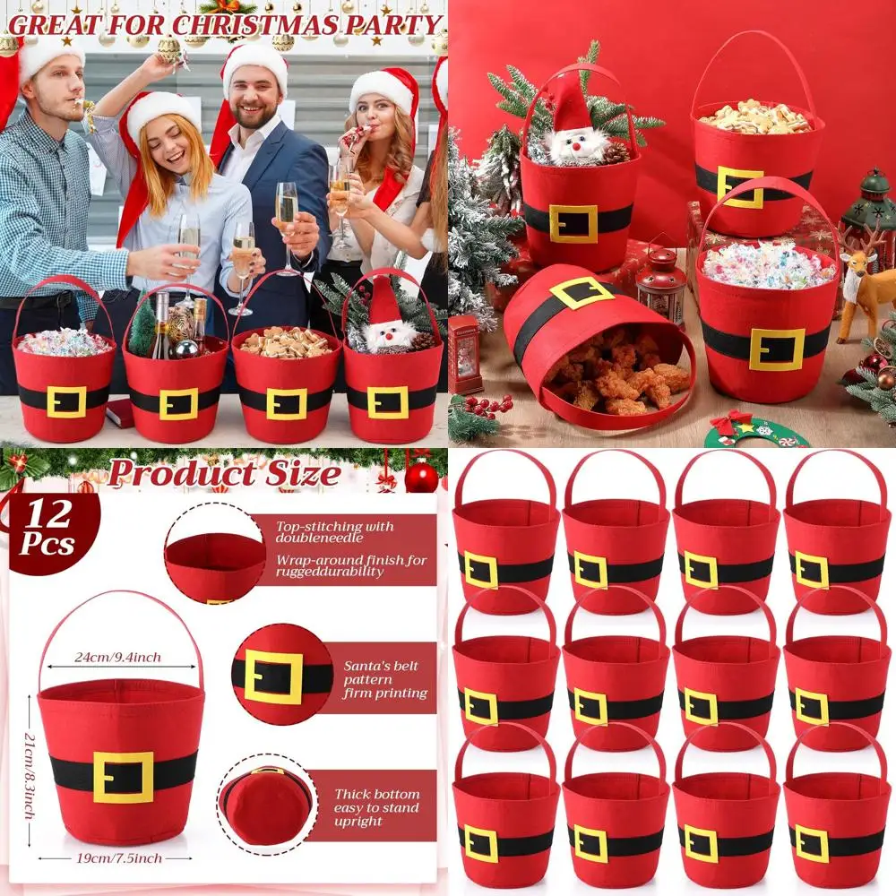 

12 Pack Red Santa Belt Christmas Felt Buckets with Handles for Holiday Treats and Gift Packaging