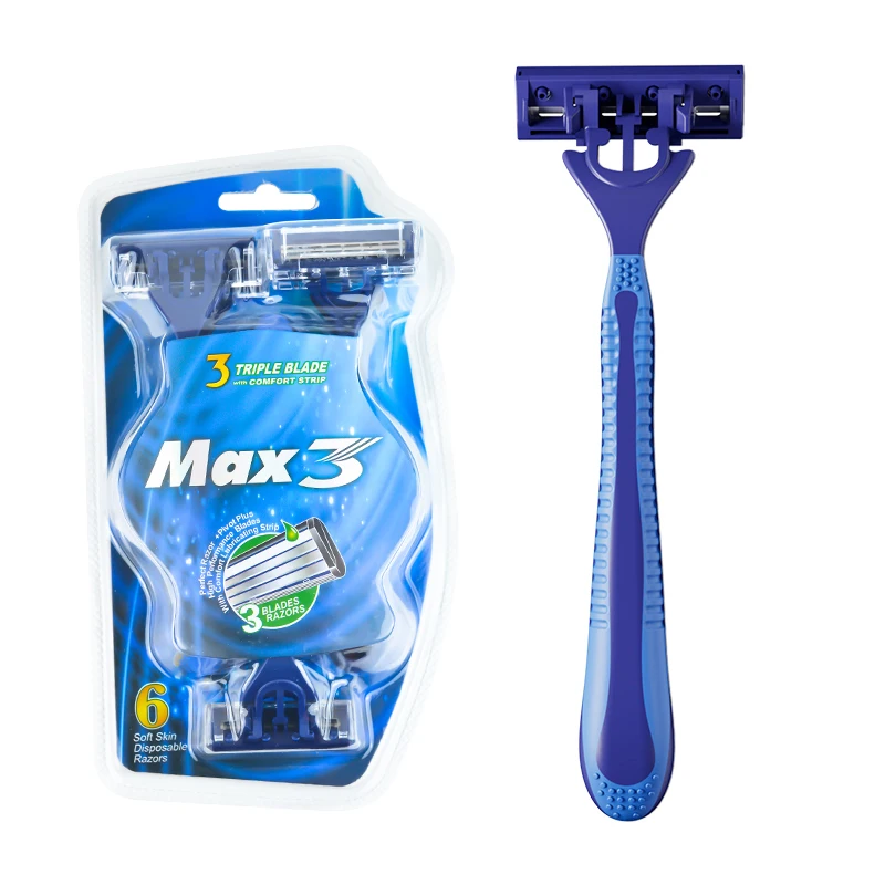 

6 pcs triple blade razor high quality stainless steel blade rubber plastic handle disposable razor in blister package