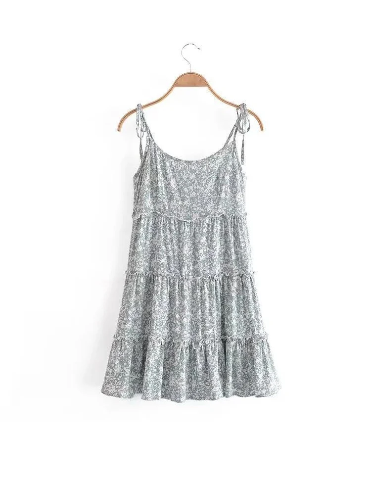 여름 스트랩 캐미솔 미니 드레스 여성 프린트 그린 백리스 A라인 캐주얼 드레스