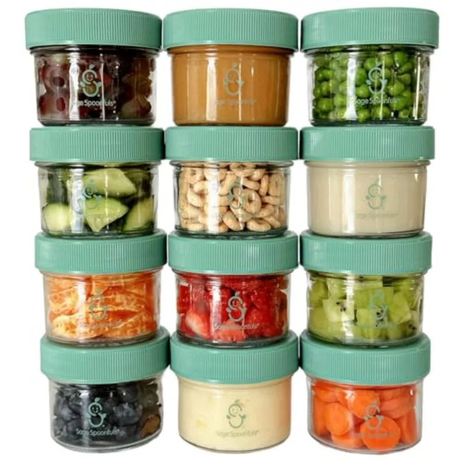 

Стеклянные баночки для детского питания Sage Spoonfuls - набор из 12 штук по 4 унции, с крышками, для заморозки, герметичные, многоразовые, маленькие