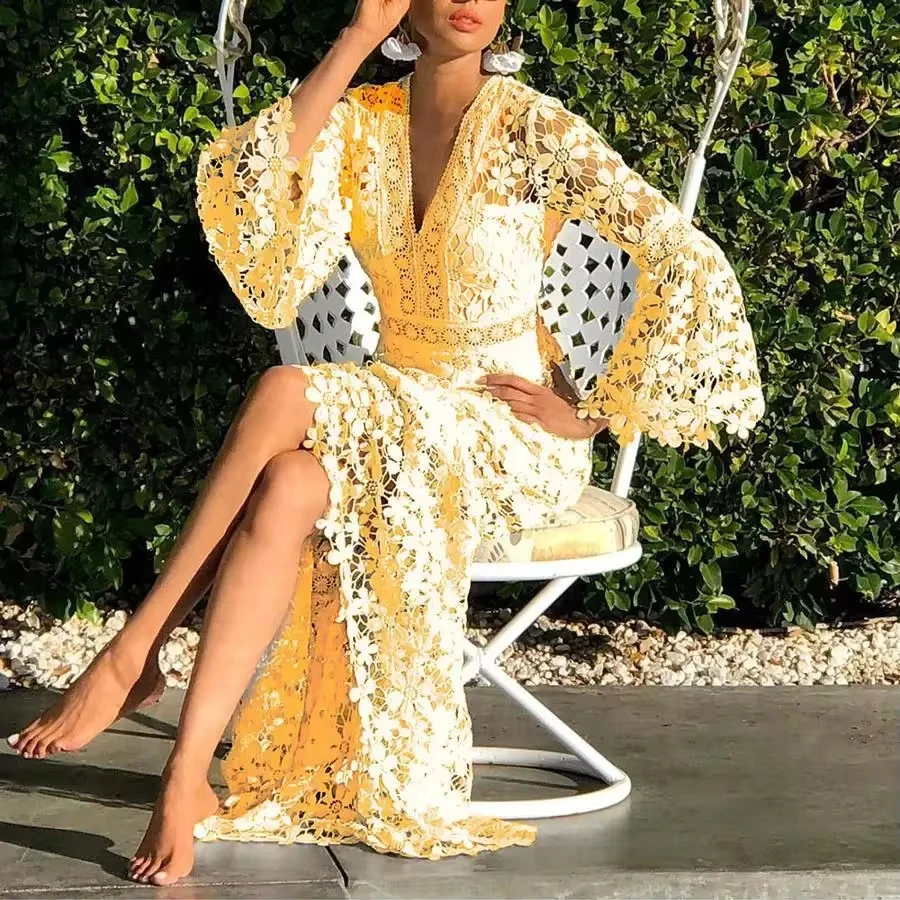 

See Through Hollow Out Sexy Long Dresses Summer Dress for Women Long Sleeve V-Neck Lace Dress Loose Bohemian Loose Beach Smock