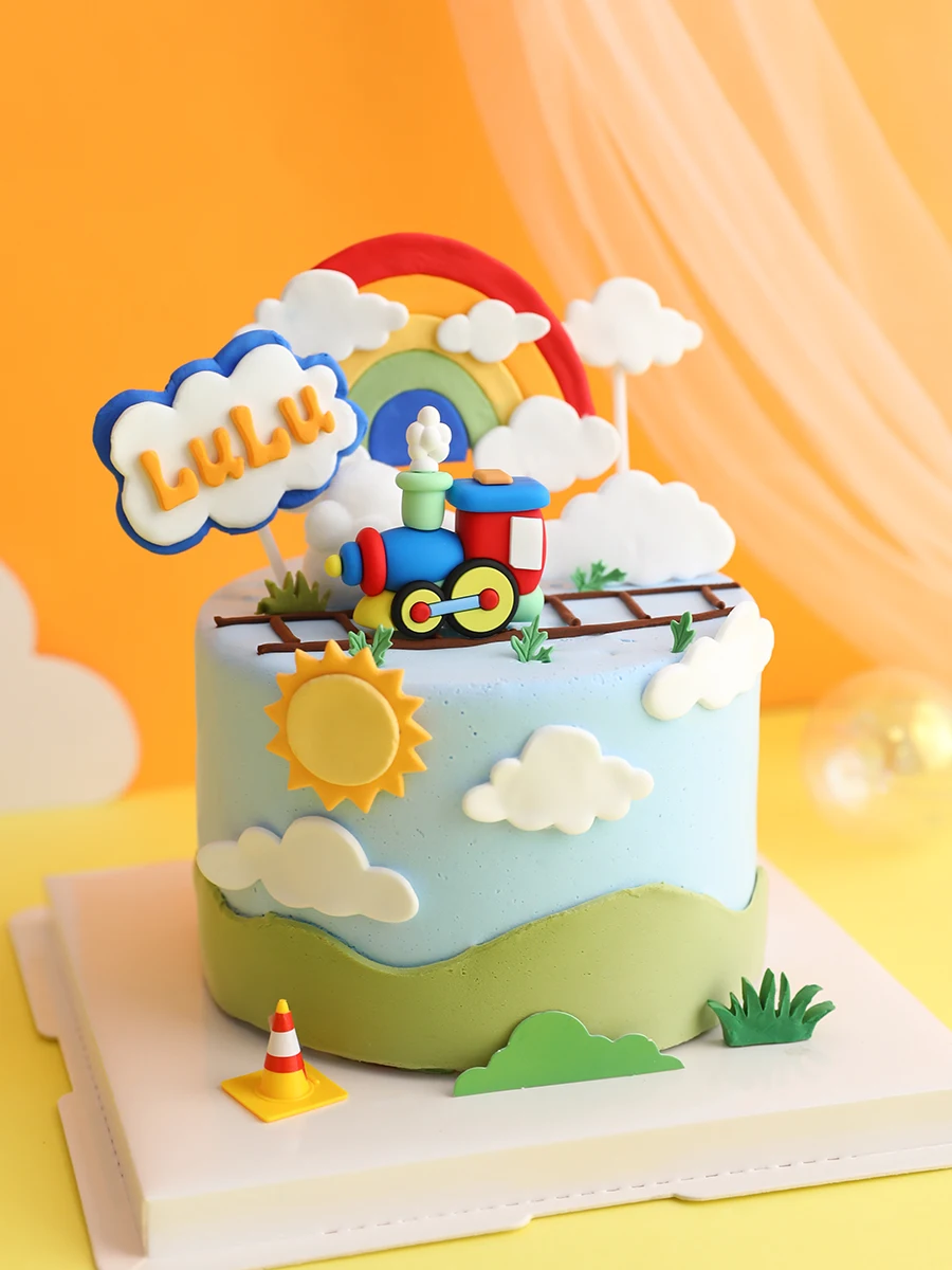 

Happy Birthday Party Locomotive Baking Cake Topper Boy Gift Rainbow Clouds Silicone Moul Card Flowers Dessert Cupcake Decoration