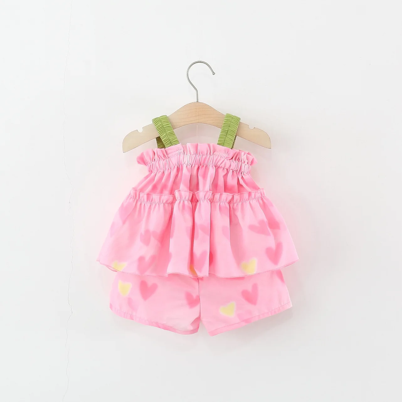 2026 Summer Kids Outfit 1-5Y Girls Pink Heart Print Sets Tulip Strap Top and Shorts Adorable Breathable Children Clothing
