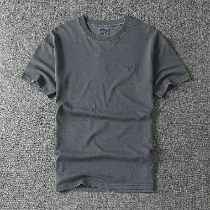 

230G heavy combed cotton washing vintage round neck solid color TEE T-shirt short sleeve men summer