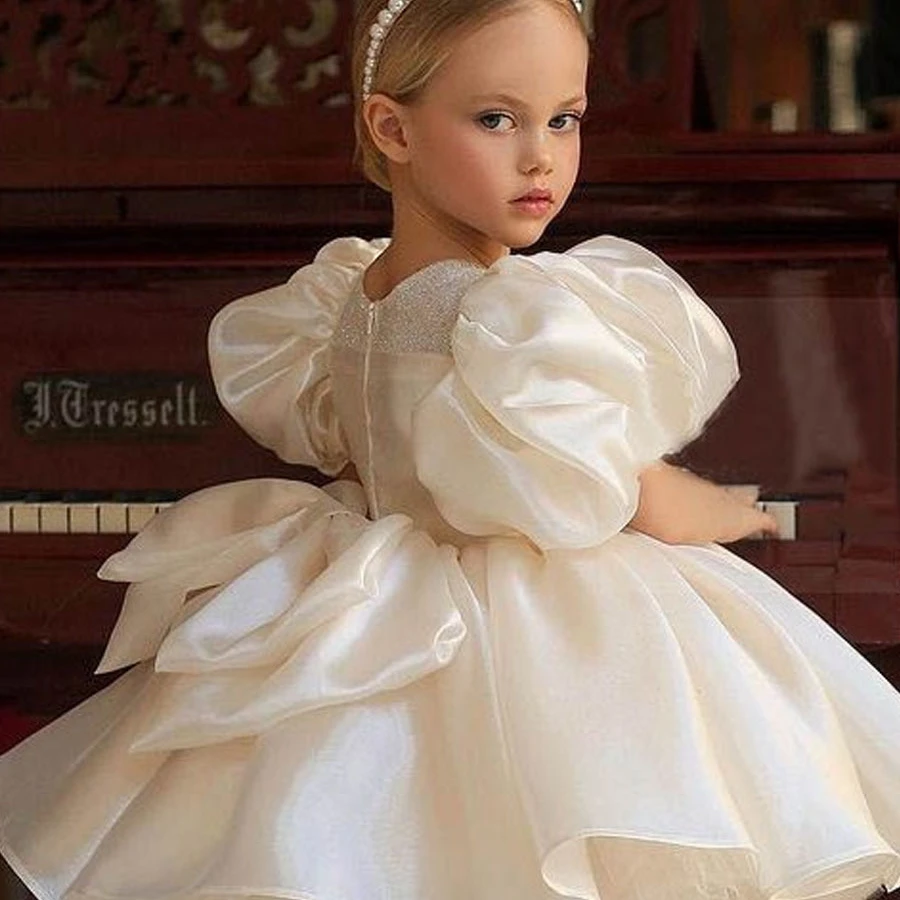 Princess Dress High End Girl Dress White Satin Flower Girl Host Wedding Dress Birthday Little Girl Evening Clothes