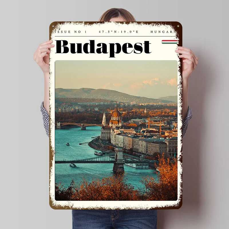 Budapest Hungary Travel Poster Customized Vintage Metal Signs Wall Art Retro Tin Plaque for Room Decoration Home Decorations