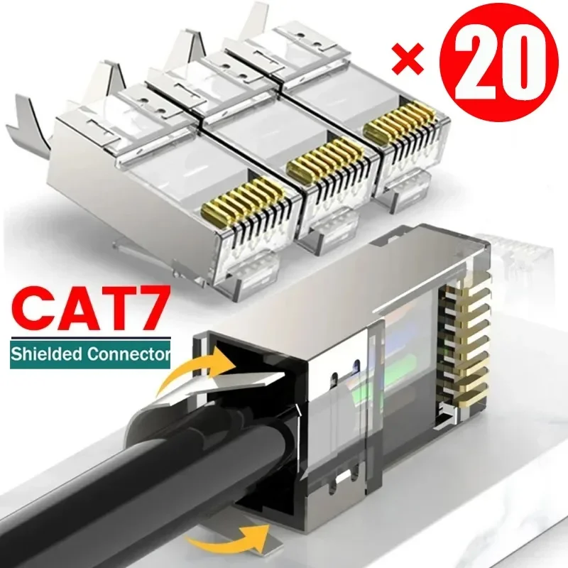 1-20PCS Cat7 Shielded Connectors RJ45 Plug Metal Ethernet Modular Plug Crystal Head Network Crimp Connectors Cat7 Crystal Head