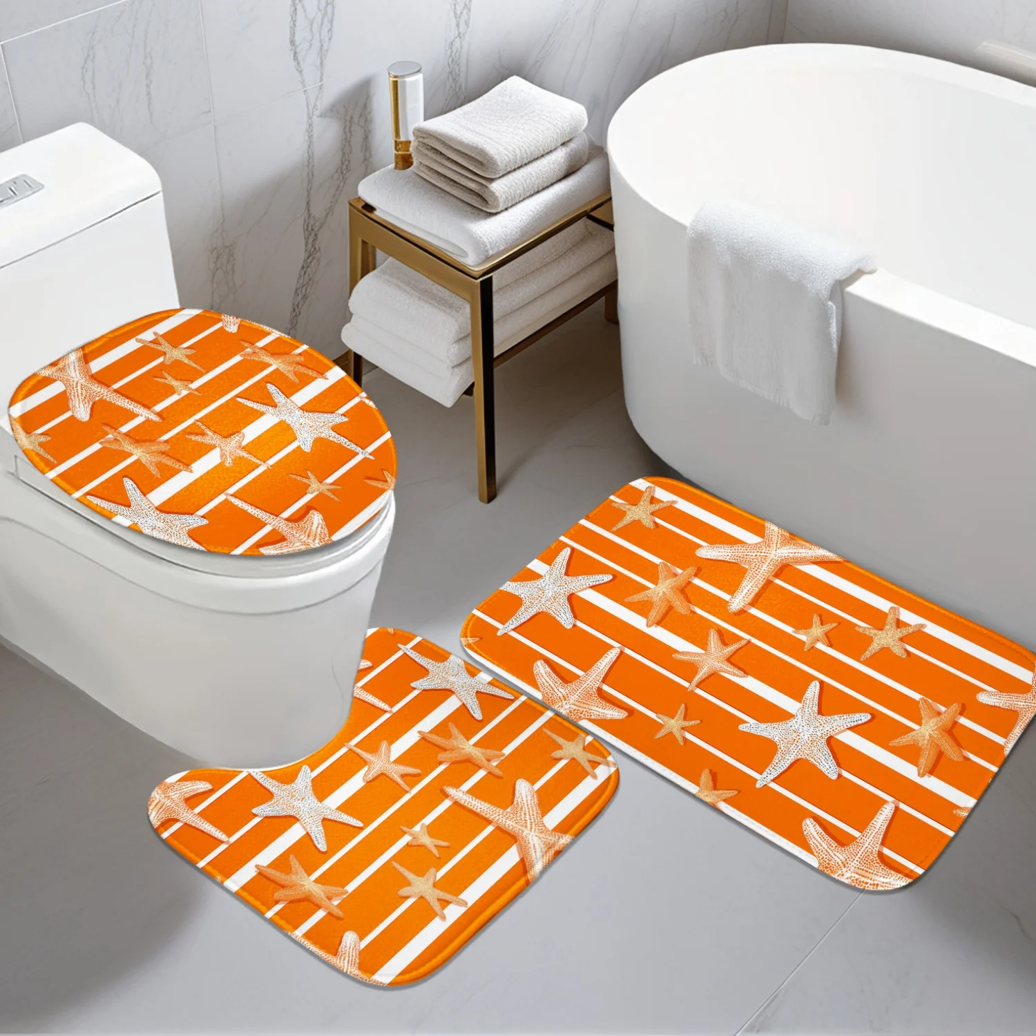 

[Hot Item] Bathroom Anti-Slip Mat - 3pcs Set - Orange Background with White Stripes And Starfish Pattern 2D Graphic Design Patte