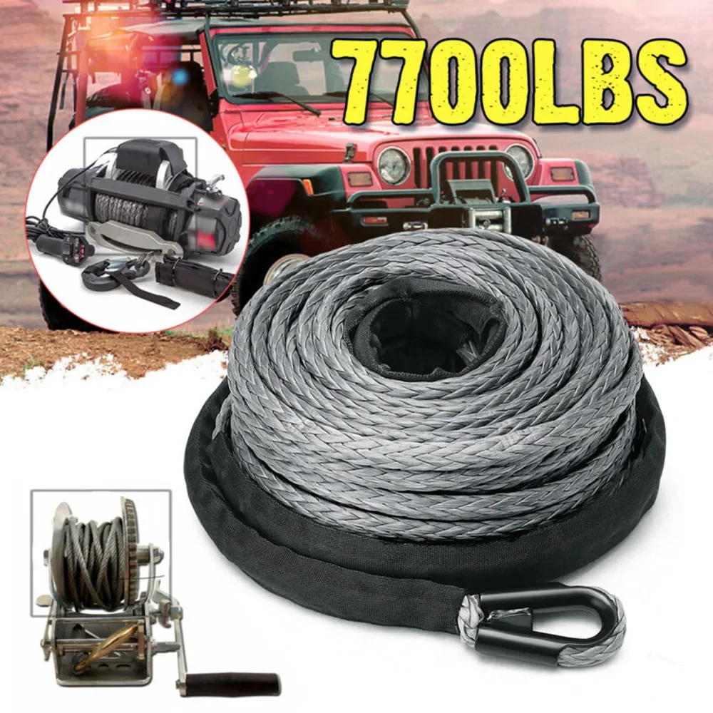 

15m 7700LBS Winch Rope Synthetic Winch Line Cable Rope Tow Cord Nylon Sheath Gray Maintenance String For SUVs ATVs Motorcycles