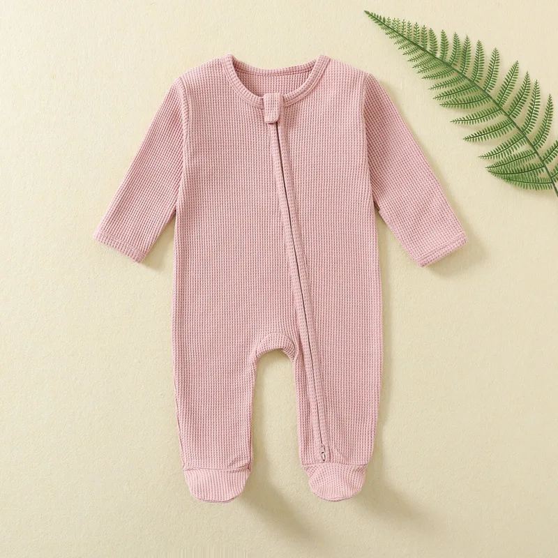 2025 Newborn Baby Romper Cotton Solid Pajamas Spring Ribbed Long Sleeved Zipper Bodysuit Foot Wrap Crawling Suit Infants Clothes