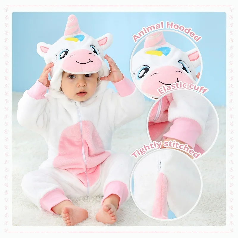 MICHLEY NEW Halloween Rainbow Unicorn Baby Rompers Winter Clothes Cartoon Flannel Costume Soft Bodysuits Overall Bebe For 2-36M