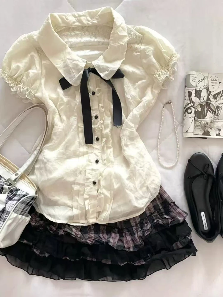 Japanese Sweet Y2K Kawaii 2 Piece Set Women Bow Lovely Tops + Plaid Lace Skirt New Fashion Vintage Slim Chic Outfits Summer 2025