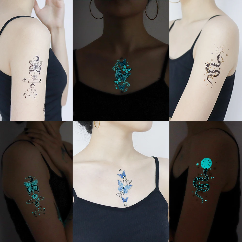 Fish Butterfly Luminous Tattoo Sticker Temporary Waterproof Face Arm Body Art Large Fake Tattoos Women Festival Makeup Products