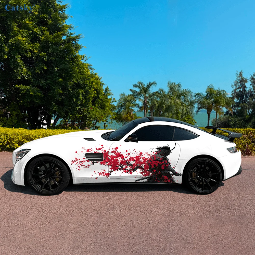 

Виниловые наклейки для автомобиля с красным солнцем и цветком самурая, самоклеящаяся наклейка из ПВХ, подходит для грузовиков, внедорожников, украшения, автоаксессуары, подарок