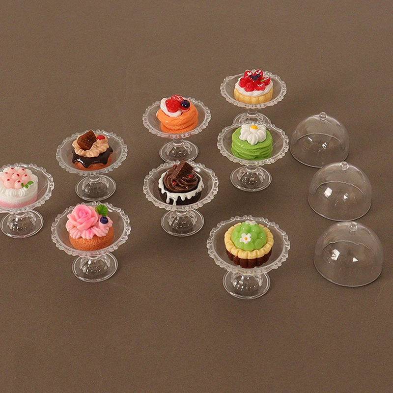 1Set 1:6/1:12 Dollhouse Miniature Fruit Cake W/Transparent Tray Kitchen Food Model Decor Toy Doll House Accessories