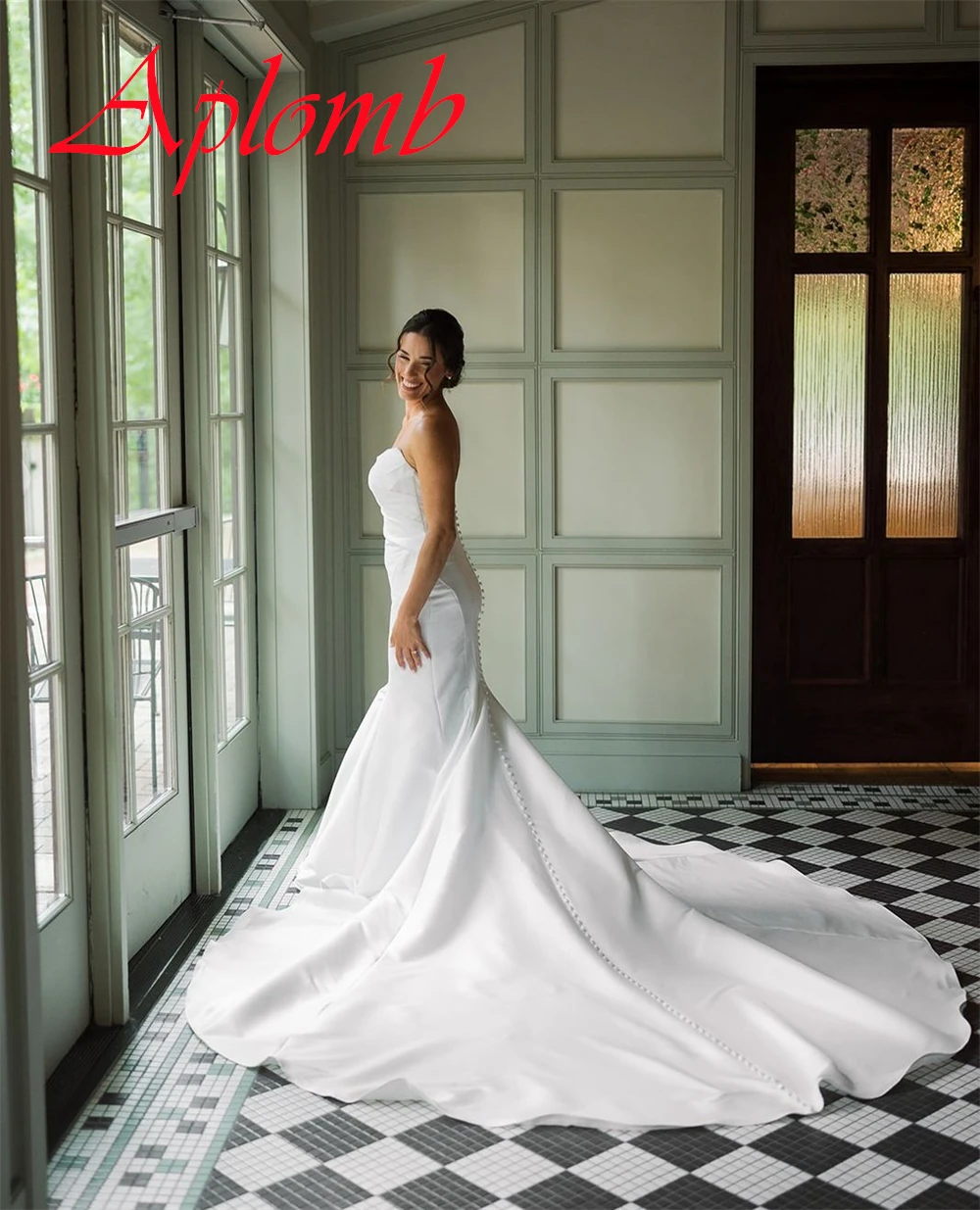 Vestido de casamento de cetim branco puro personalizado, requintado, sem alças, sem mangas, botões românticos, costas, festa de noiva