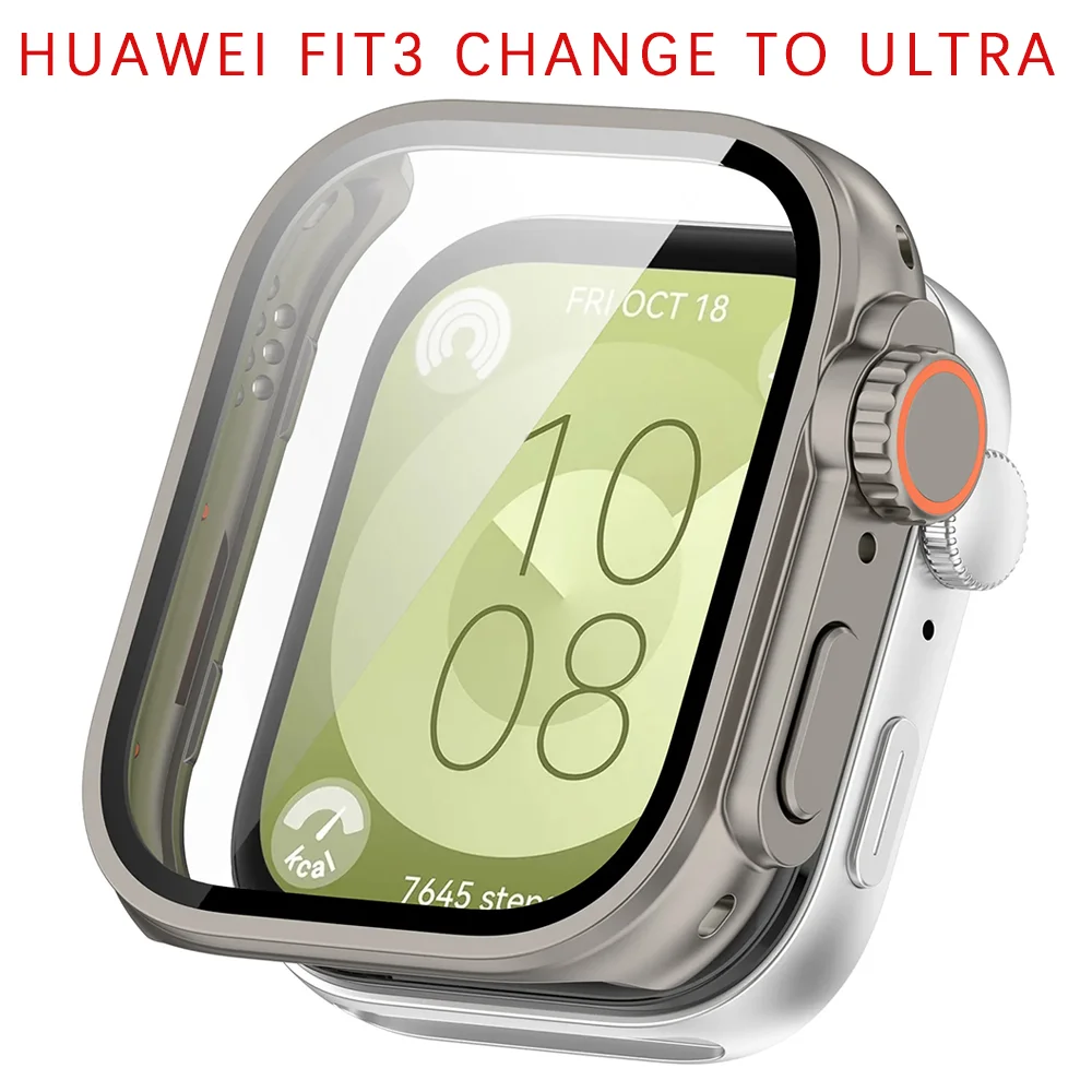 

For Huawei Watch Fit 3 Hard Case Tempered Glass Screen Protector Appearance Upgrade Change To Iwatch Ultra 1/2 49MM Accessories