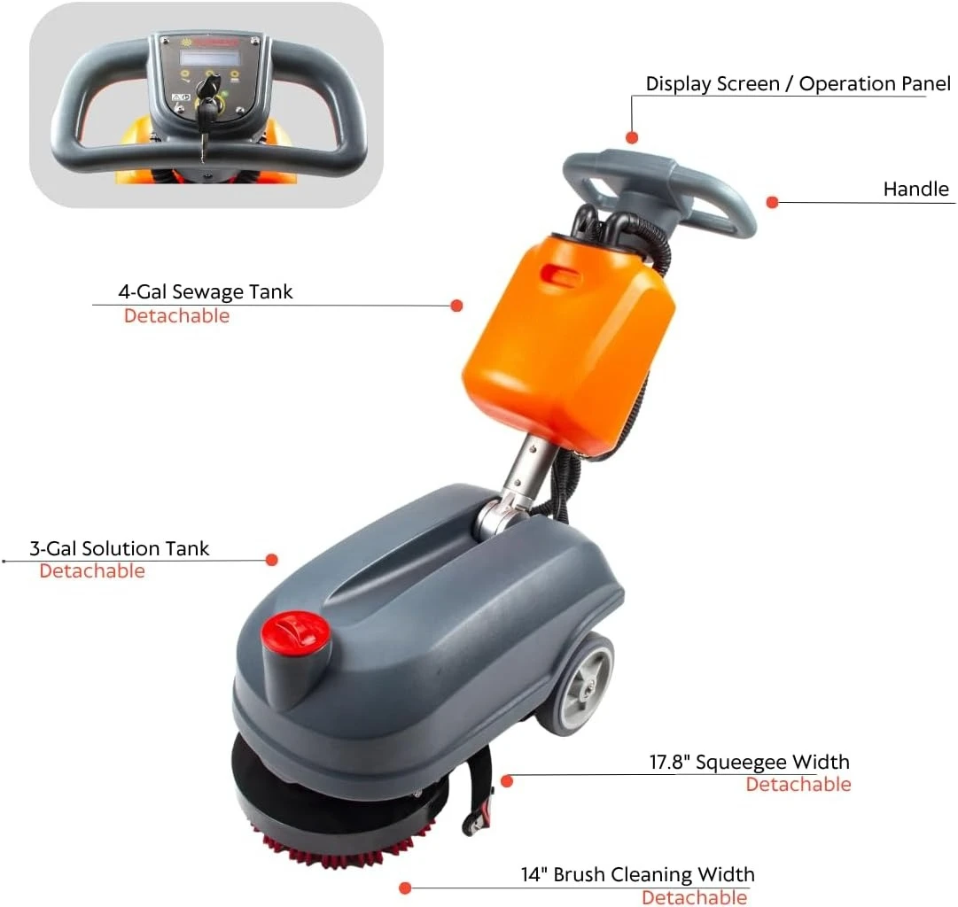 

14" Commercial Compact Floor Scrubber Dryer Machine, 14500 sqft/h, 4-Gal Sewage Tank, 3.5 Hour Fast Charging Efficient Cleaning