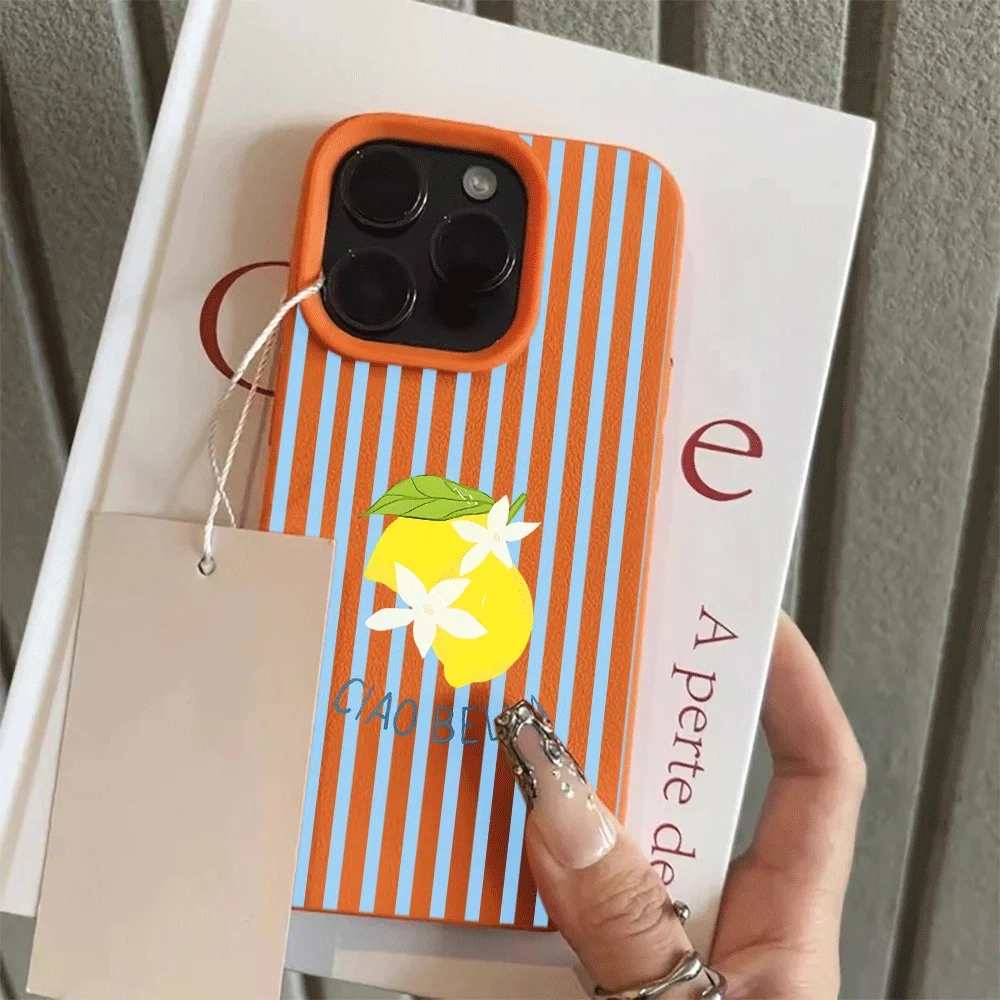Koreanischer Stil Blaue Streifen Zitronen-Print Handyhülle für iPhone 17 16 15 14 13 12 11 Pro Max Plus 17 XR Silikon Matt Weiche Hülle – Detail 7