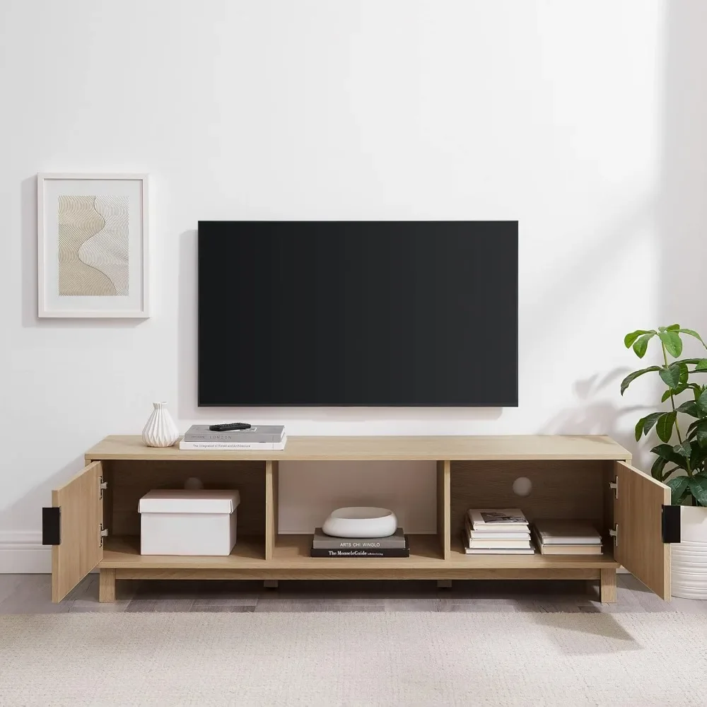 Modern slotted low-stand TVS up to 65 inches tall, coastal oak, surfaces that can support up to 50 pounds, minimalist design