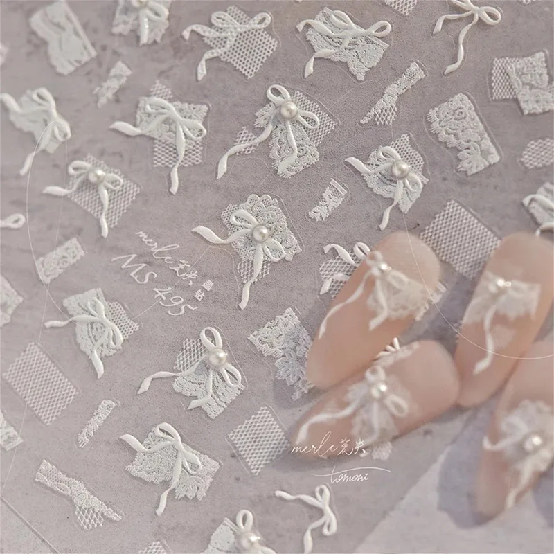 1 pz 5D diamante giapponese pizzo bianco arco adesivi per nail art perla strass decorazione per unghie decalcomanie adesive cursore accessorio fai da te