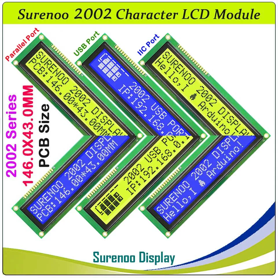 Moduł wyświetlacza LCD Surenoo 146*43MM 202 20X2 2002 z dużymi znakami, panel ekranu LCM, interfejs równoległy IIC I2C USB LCD2USB RS232 UART TTL