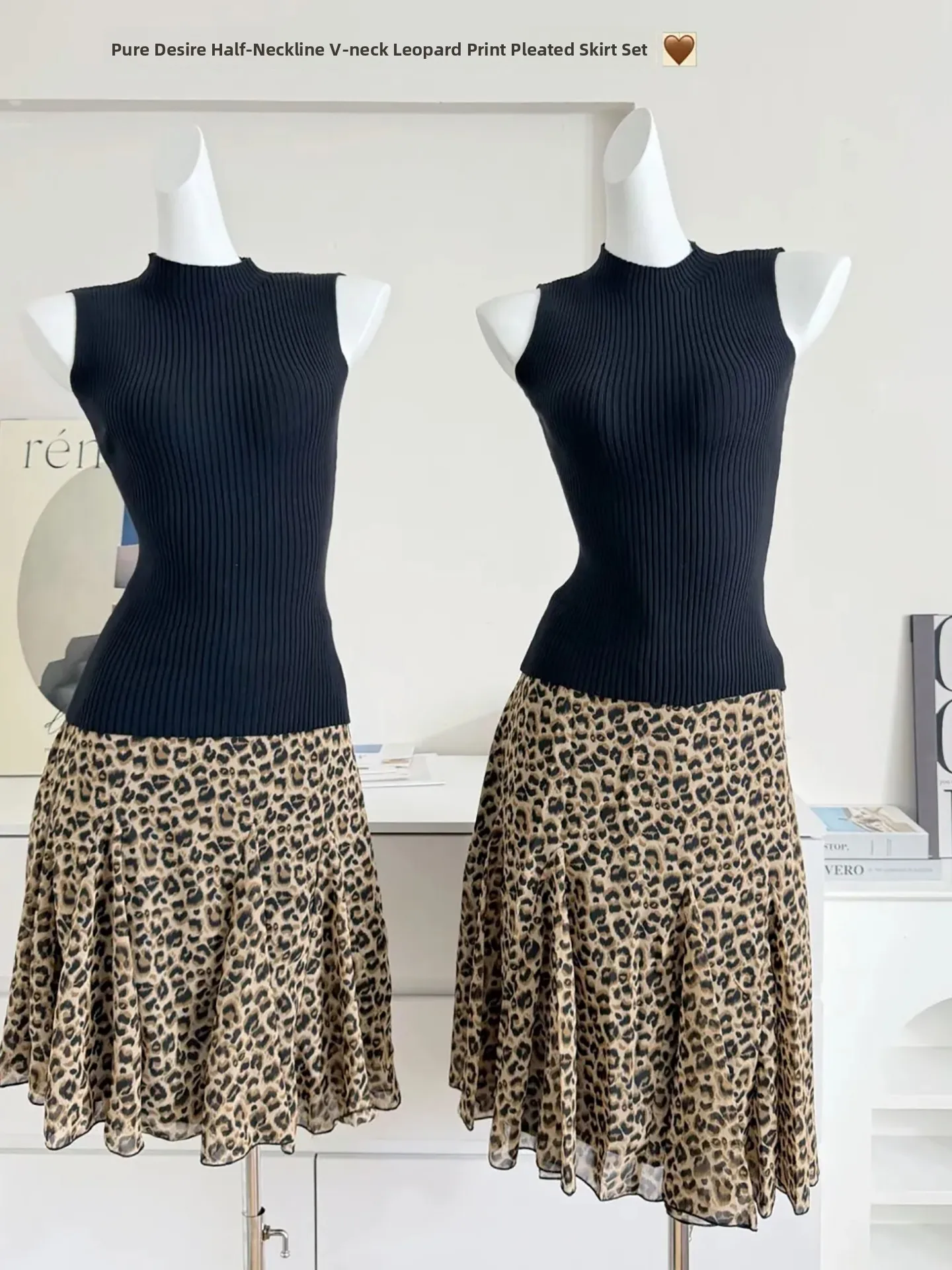 

Black Strap Vest And Leopard Print Pleated Short Skirt Set Elegant Style Casual Wear Summer Spring Season Date Outfit Women
