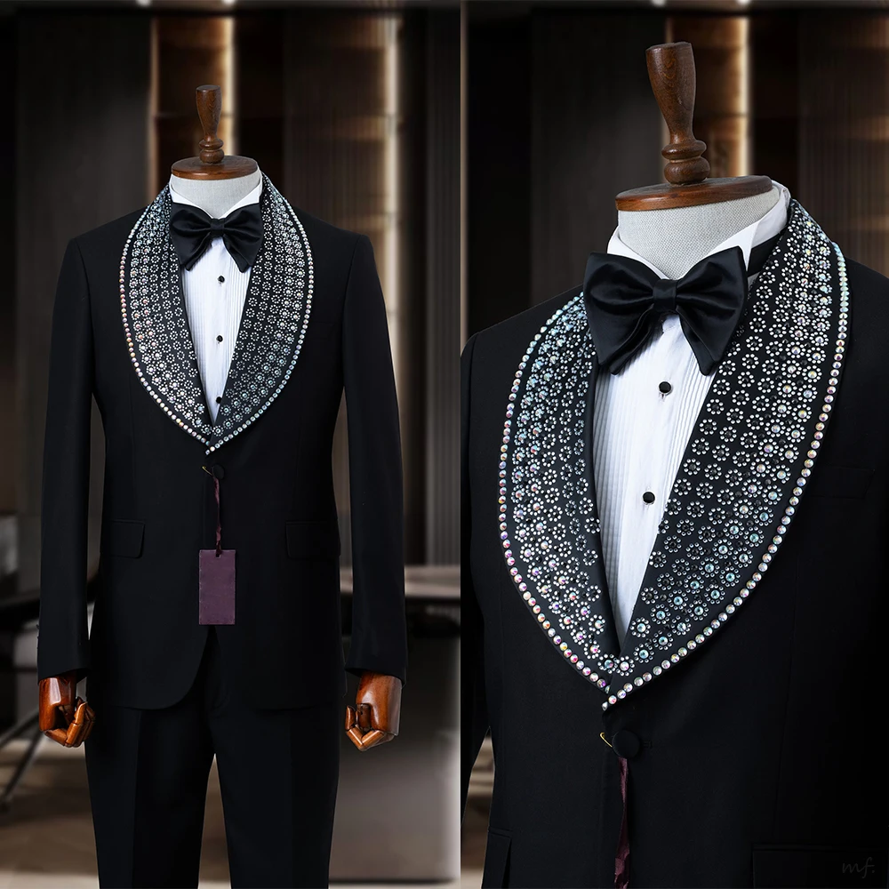 Abiti da sposa moderni per lo sposo 2 pezzi giacca pantaloni scialle bavero cristallo smoking hot fix monopetto personalizzato