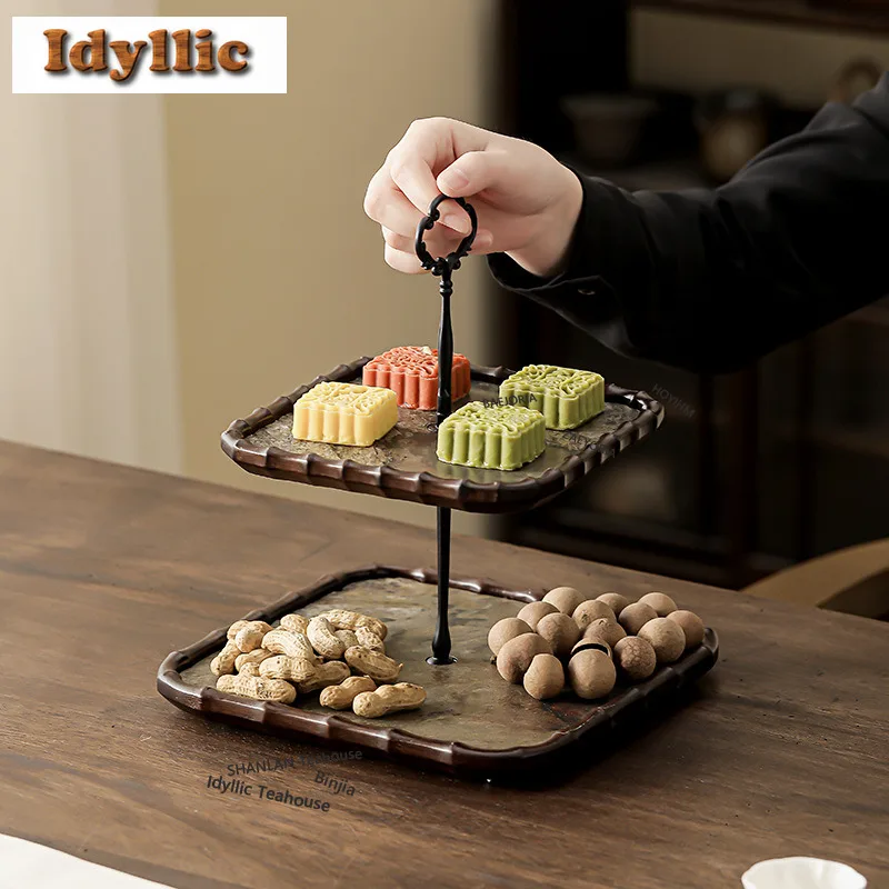 HOYIHM Bamboo Double-layer Fruit Dishes Ancient Pastry Plate Refreshment Fruit Plate Serving Tray Tea Items Craft Ornaments