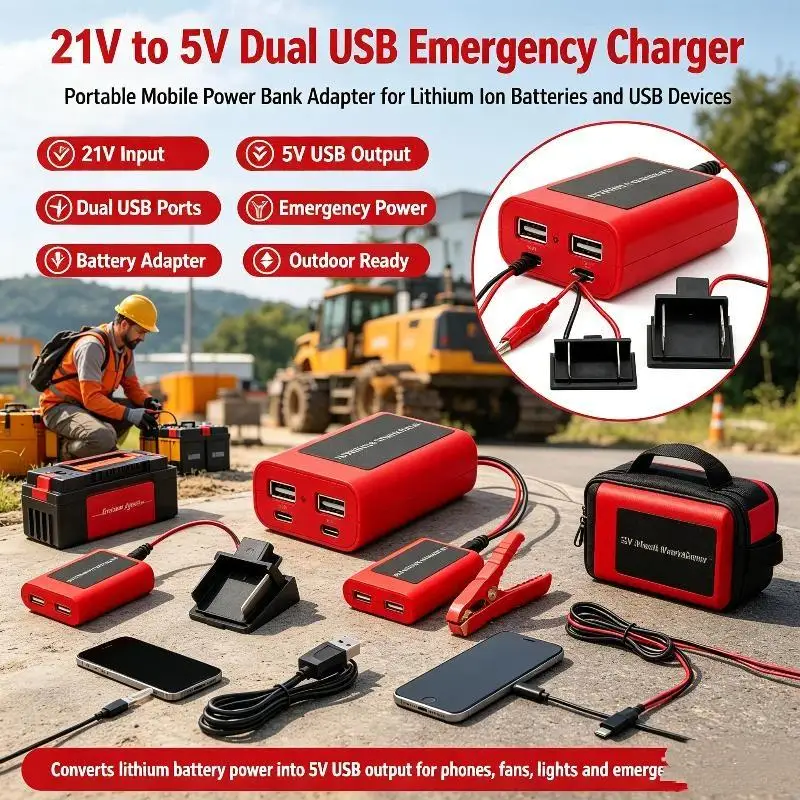 1Pcs 21V To 5V Mobile Power BankDual USB Emergency Charger Adapter For Lithium Battery Outdoor Working Power Supply
